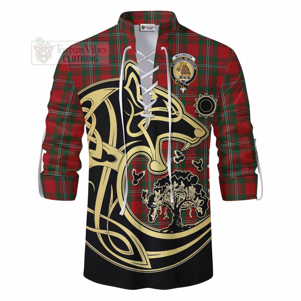 Tartan Vibes Clothing MacGregor (McGregor) Tartan Ghillie Kilt Shirt with Family Crest Celtic Wolf Style