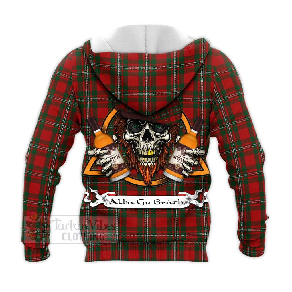 Tartan Vibes Clothing MacGregor (McGregor) Tartan Knitted Hoodie with Family Crest and Bearded Skull Holding Bottles of Whiskey