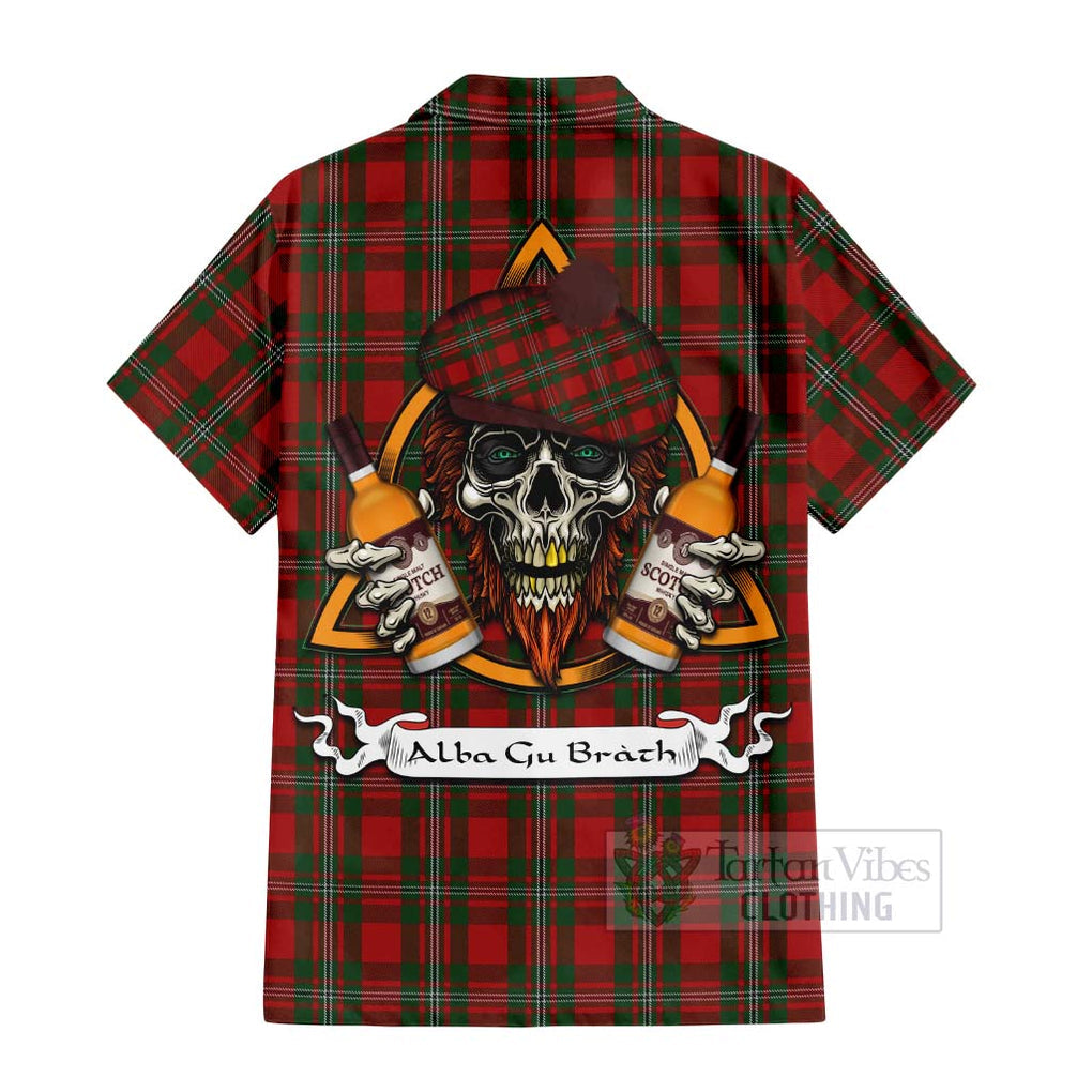 Tartan Vibes Clothing MacGregor (McGregor) Tartan Short Sleeve Button Shirt with Family Crest and Bearded Skull Holding Bottles of Whiskey