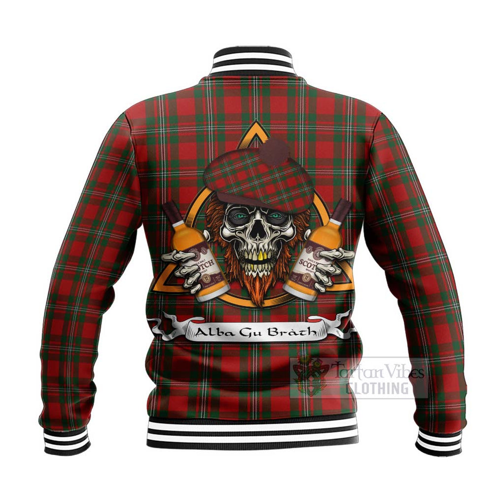 Tartan Vibes Clothing MacGregor (McGregor) Tartan Baseball Jacket with Family Crest and Bearded Skull Holding Bottles of Whiskey