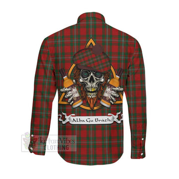 MacGregor (McGregor) Tartan Long Sleeve Button Shirt with Family Crest and Bearded Skull Holding Bottles of Whiskey