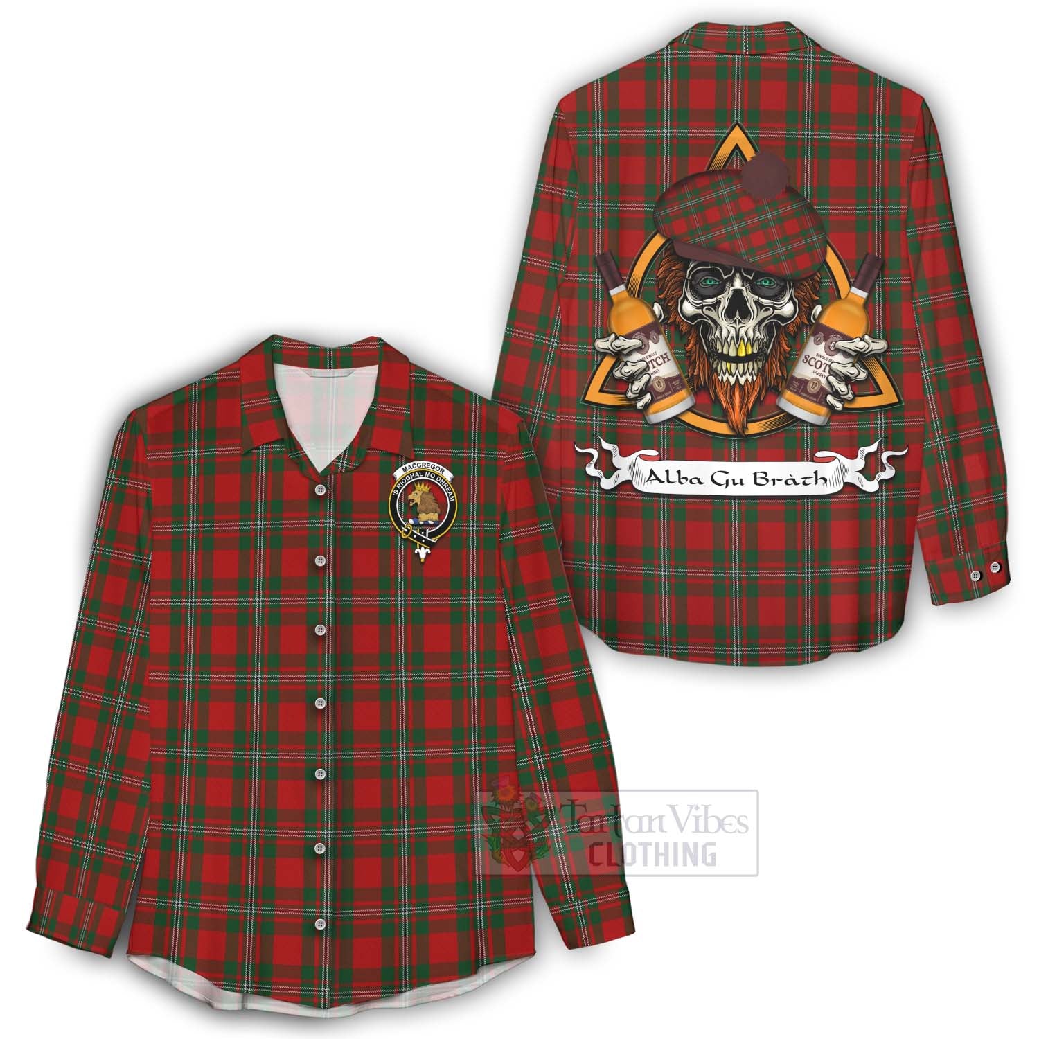 Tartan Vibes Clothing MacGregor (McGregor) Tartan Women's Casual Shirt with Family Crest and Bearded Skull Holding Bottles of Whiskey