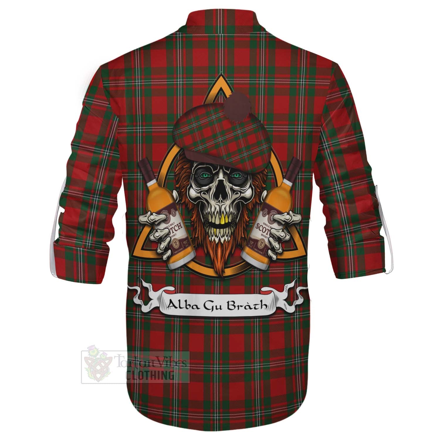 Tartan Vibes Clothing MacGregor (McGregor) Tartan Ghillie Kilt Shirt with Family Crest and Bearded Skull Holding Bottles of Whiskey