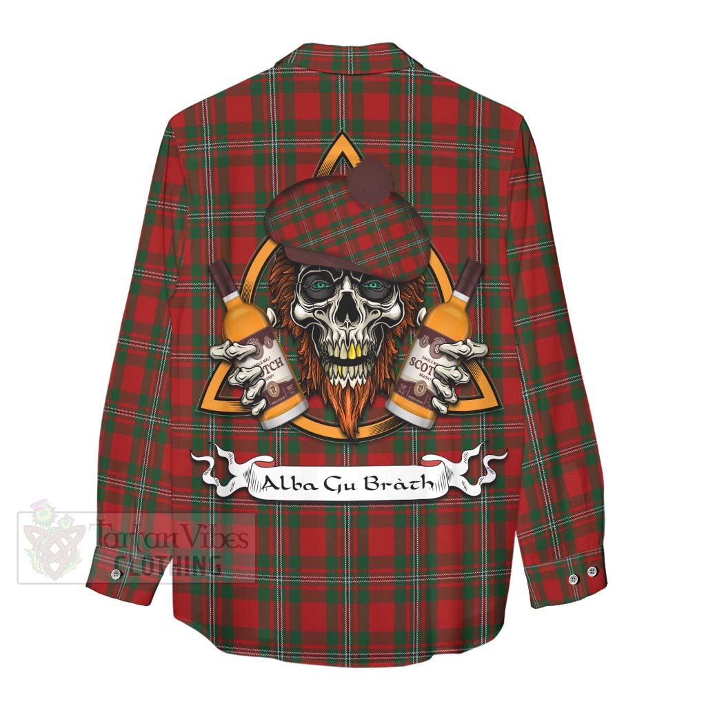 Tartan Vibes Clothing MacGregor (McGregor) Tartan Women's Casual Shirt with Family Crest and Bearded Skull Holding Bottles of Whiskey