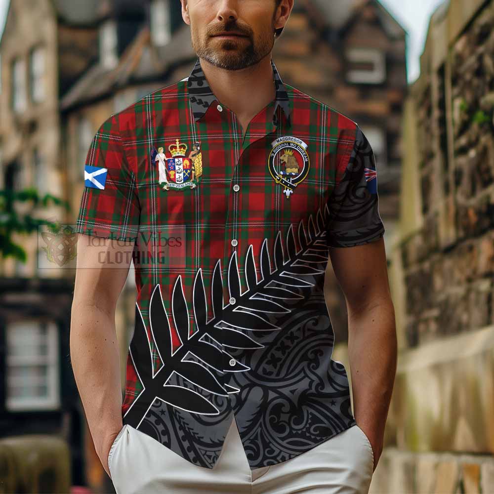 Tartan Vibes Clothing MacGregor (McGregor) Crest Tartan Short Sleeve Button Shirt with New Zealand Silver Fern Half Style