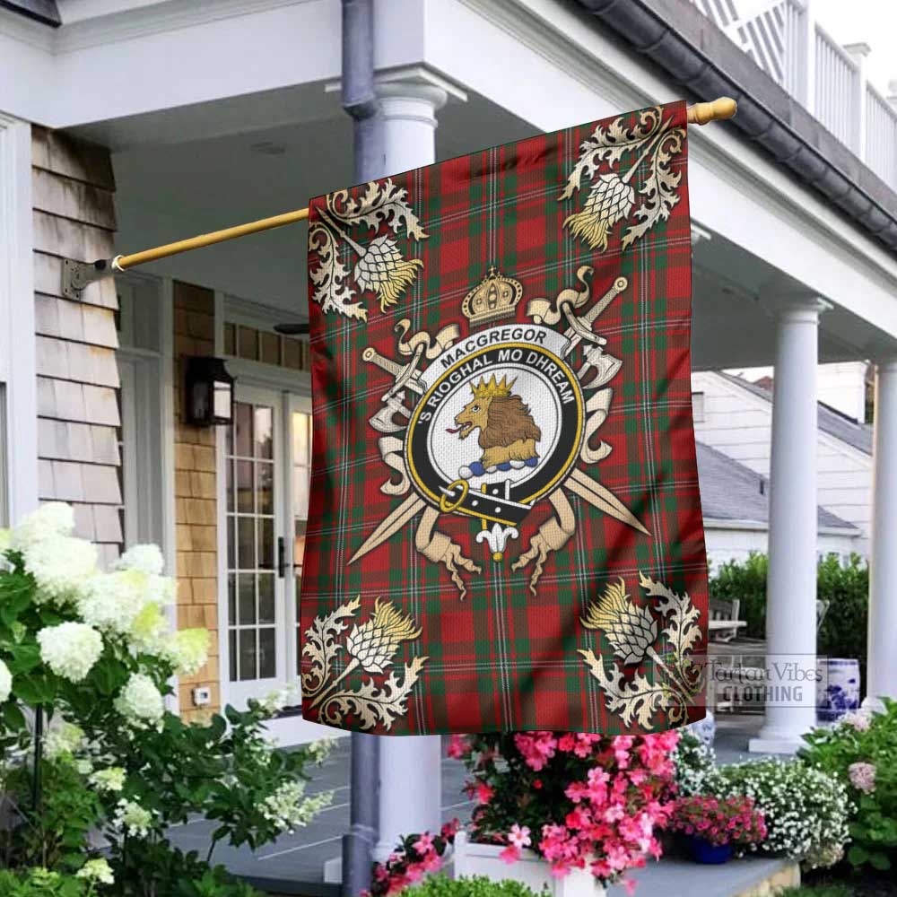 Tartan Vibes Clothing MacGregor (McGregor) Tartan Flag with Family Crest and Golden Thistle Crossed Sword Design