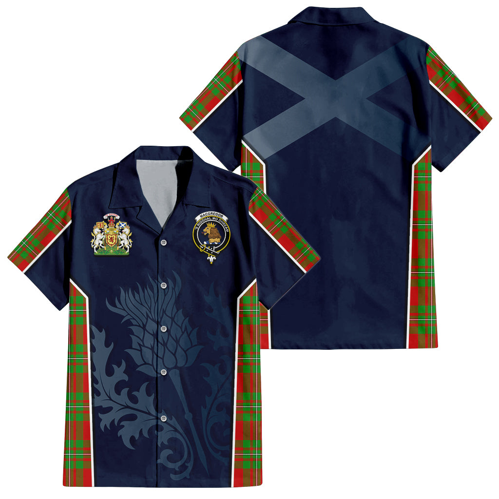 Tartan Vibes Clothing MacGregor Modern Tartan Short Sleeve Button Up Shirt with Family Crest and Scottish Thistle Vibes Sport Style