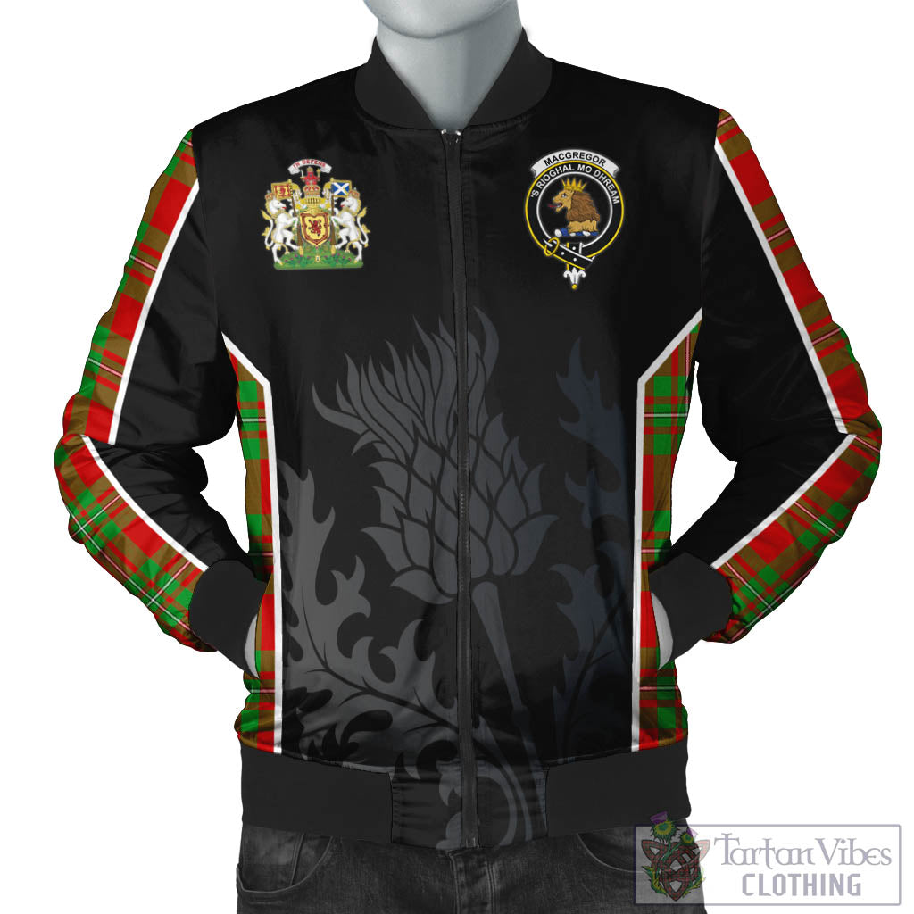 Tartan Vibes Clothing MacGregor Modern Tartan Bomber Jacket with Family Crest and Scottish Thistle Vibes Sport Style