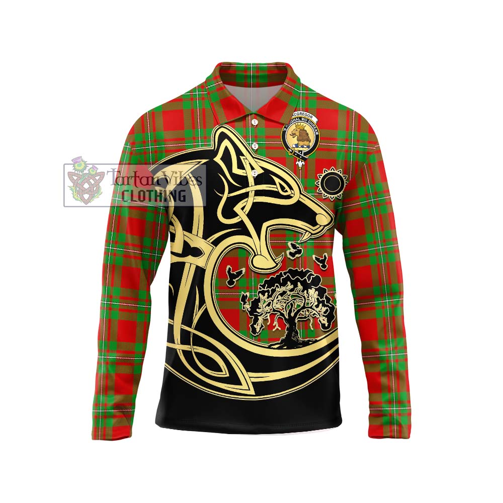 MacGregor Modern Tartan Long Sleeve Polo Shirt with Family Crest Celtic Wolf Style Unisex - Tartanvibesclothing Shop