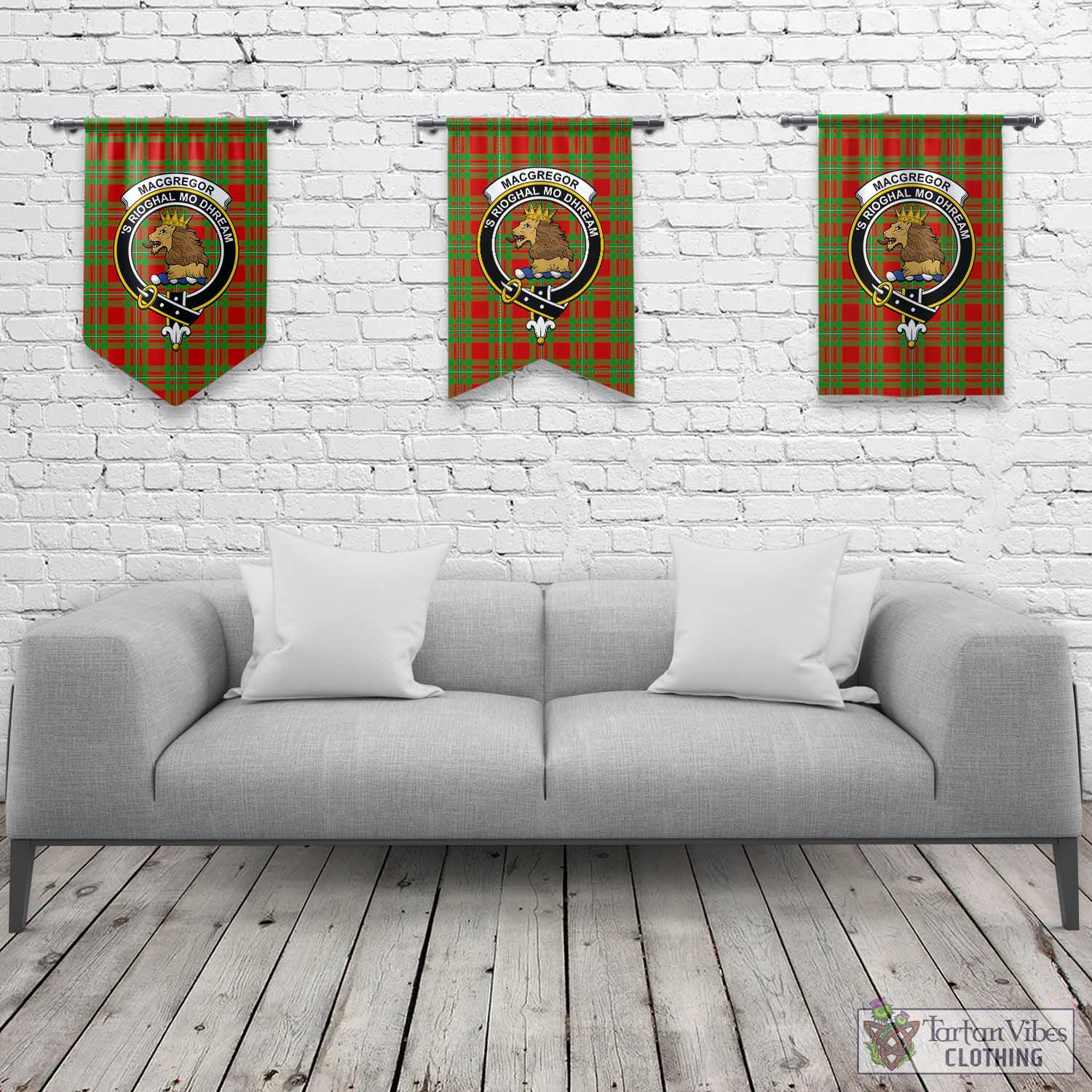 Tartan Vibes Clothing MacGregor Modern Tartan Gonfalon, Tartan Banner with Family Crest