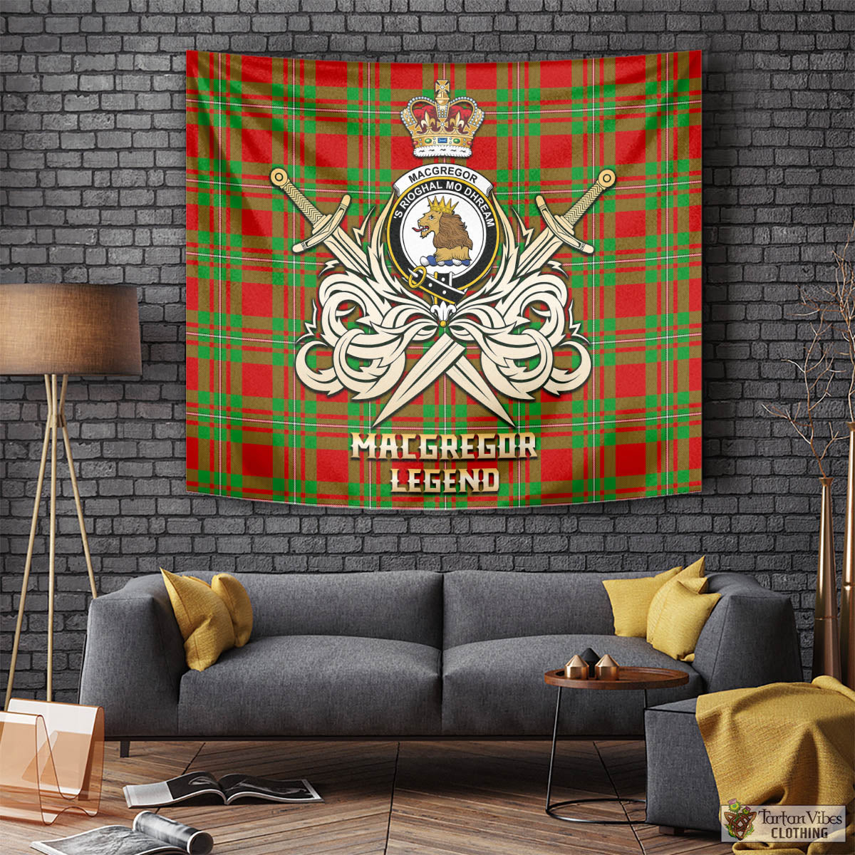 Tartan Vibes Clothing MacGregor Modern Tartan Tapestry with Clan Crest and the Golden Sword of Courageous Legacy