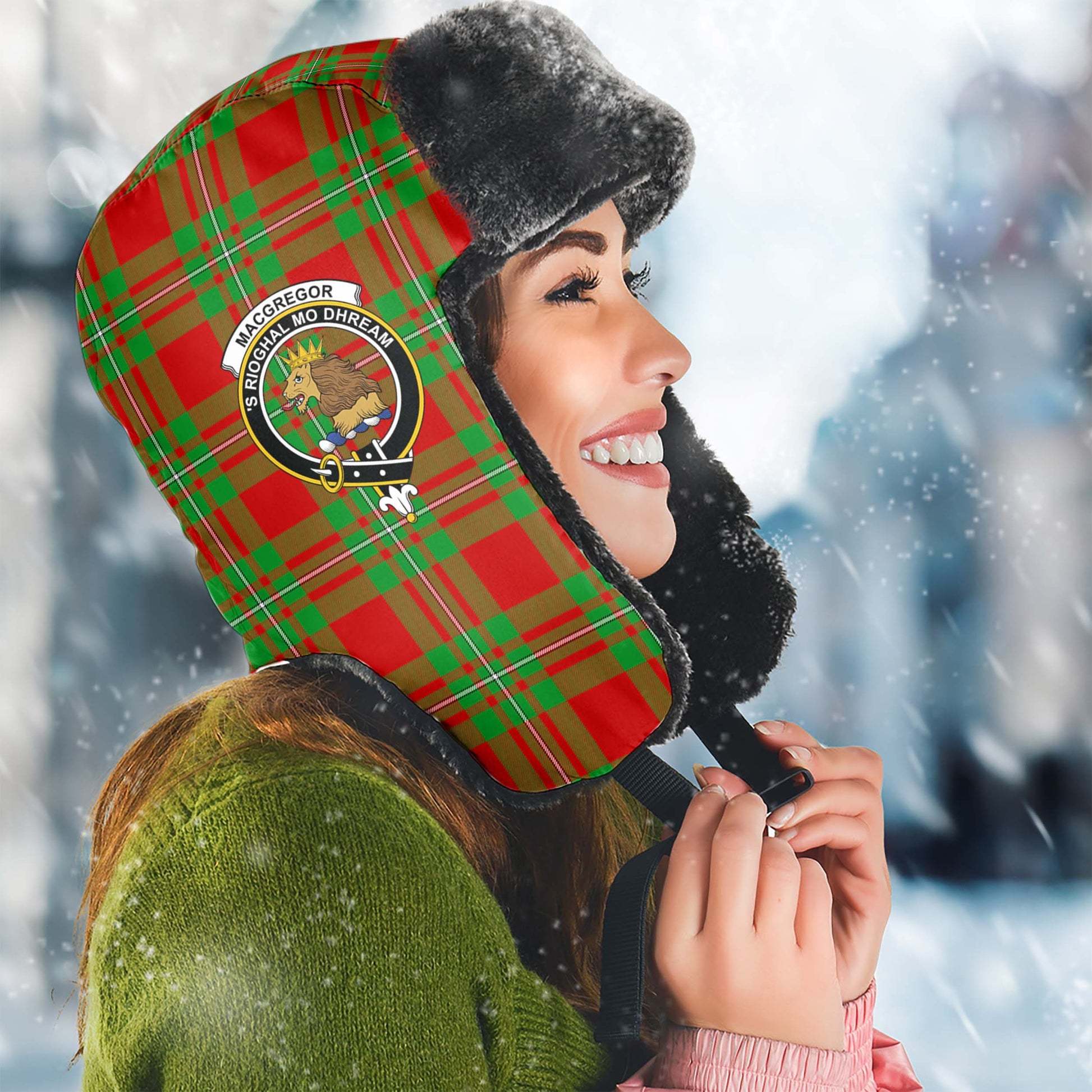 MacGregor Modern Tartan Winter Trapper Hat with Family Crest Winter Trapper Hat Universal Fit Circumference 22.8in (58cm) - Tartanvibesclothing