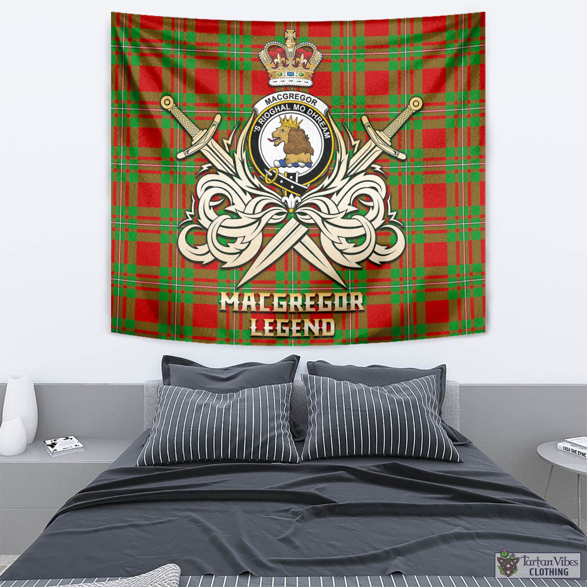 Tartan Vibes Clothing MacGregor Modern Tartan Tapestry with Clan Crest and the Golden Sword of Courageous Legacy