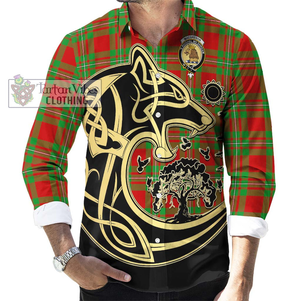 MacGregor Modern Tartan Long Sleeve Button Shirt with Family Crest Celtic Wolf Style - Tartan Vibes Clothing