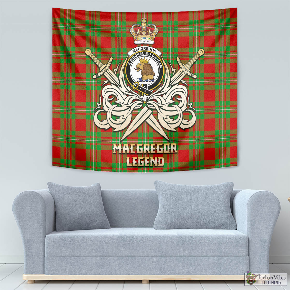 Tartan Vibes Clothing MacGregor Modern Tartan Tapestry with Clan Crest and the Golden Sword of Courageous Legacy