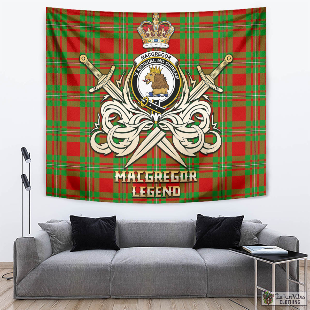 Tartan Vibes Clothing MacGregor Modern Tartan Tapestry with Clan Crest and the Golden Sword of Courageous Legacy