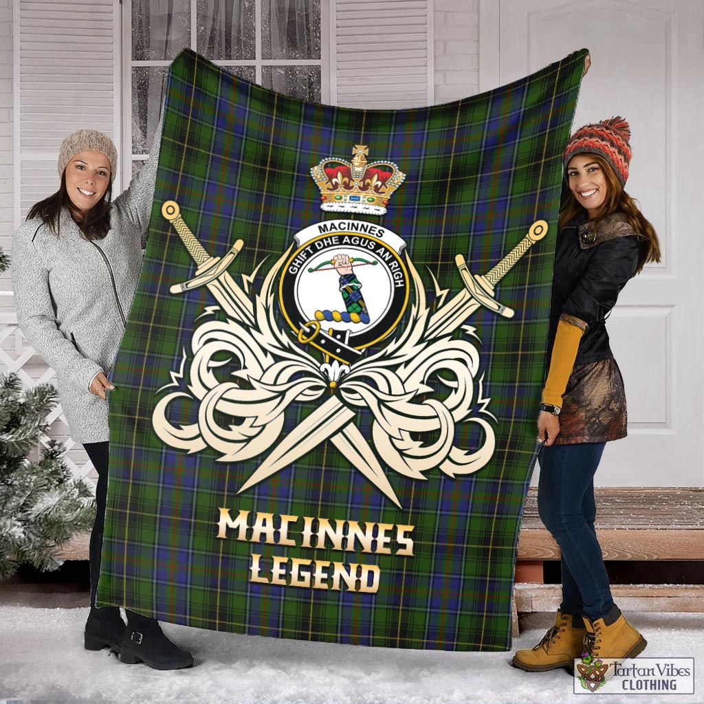 Tartan Vibes Clothing MacInnes Tartan Blanket with Clan Crest and the Golden Sword of Courageous Legacy