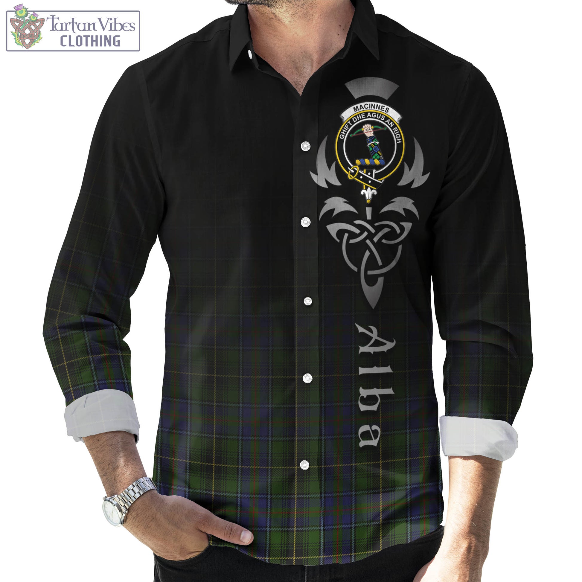 Tartan Vibes Clothing MacInnes Tartan Long Sleeve Button Up Featuring Alba Gu Brath Family Crest Celtic Inspired
