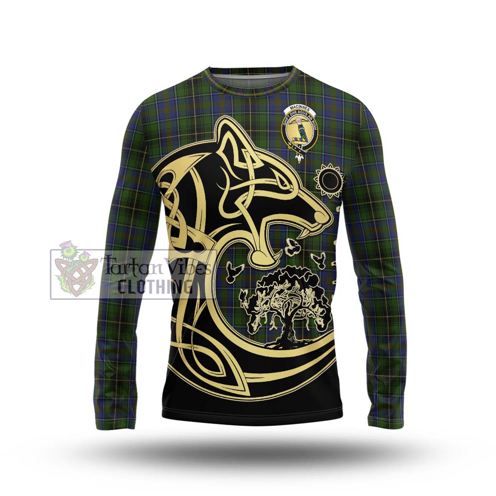 Tartan Vibes Clothing MacInnes Tartan Long Sleeve T-Shirt with Family Crest Celtic Wolf Style