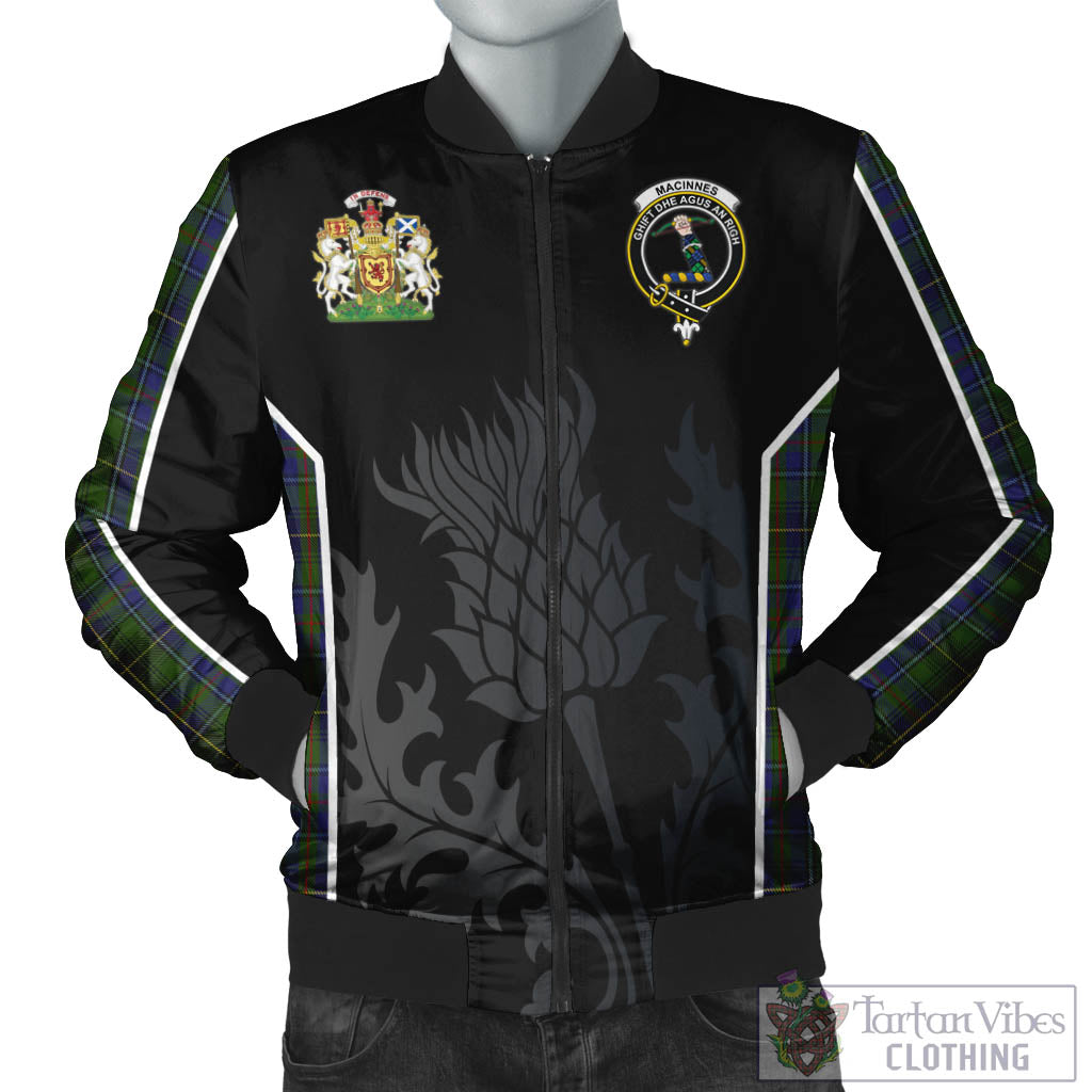 Tartan Vibes Clothing MacInnes Tartan Bomber Jacket with Family Crest and Scottish Thistle Vibes Sport Style