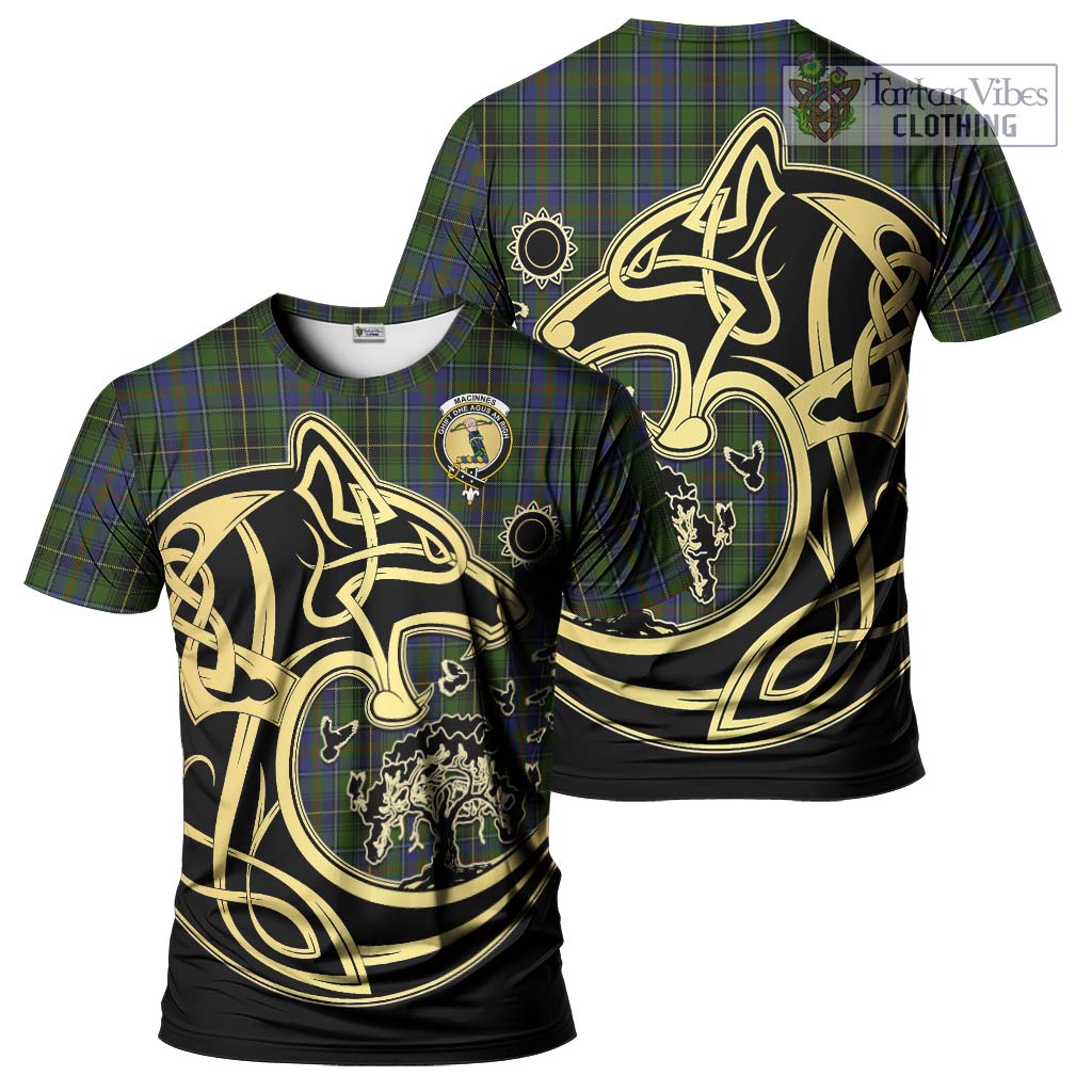 Tartan Vibes Clothing MacInnes Tartan T-Shirt with Family Crest Celtic Wolf Style