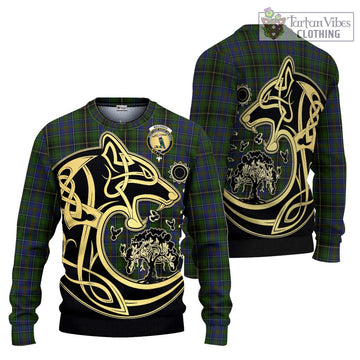 MacInnes Tartan Knitted Sweater with Family Crest Celtic Wolf Style