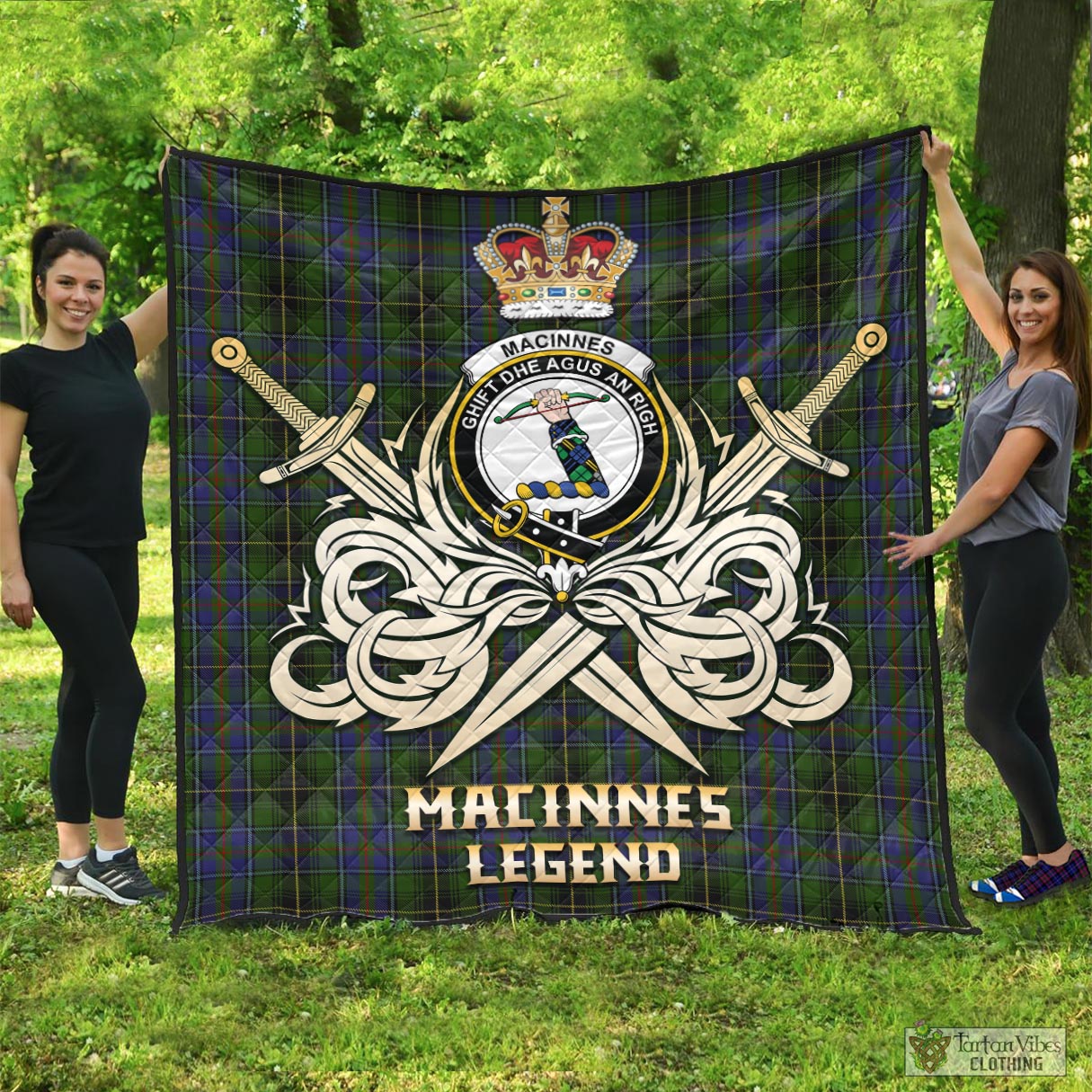 Tartan Vibes Clothing MacInnes Tartan Quilt with Clan Crest and the Golden Sword of Courageous Legacy