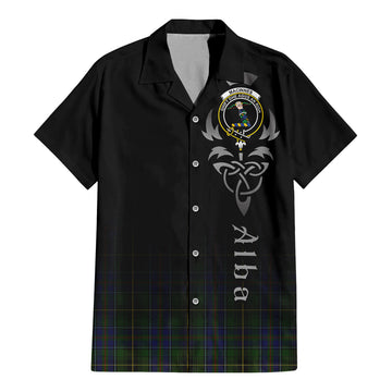 MacInnes Tartan Short Sleeve Button Up Featuring Alba Gu Brath Family Crest Celtic Inspired