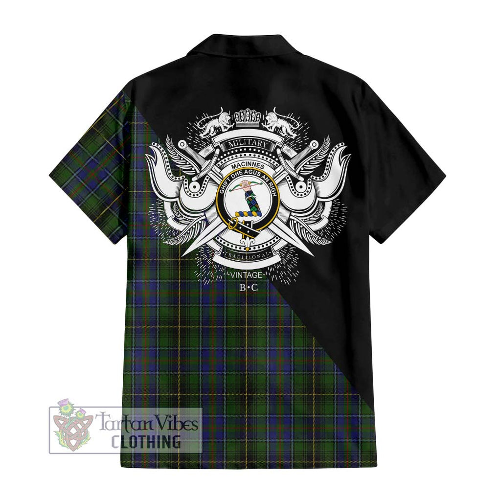 MacInnes (McInnes) Tartan Short Sleeve Button Shirt with Family Crest and Military Logo Style - Tartanvibesclothing Shop