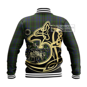 MacInnes Tartan Baseball Jacket with Family Crest Celtic Wolf Style