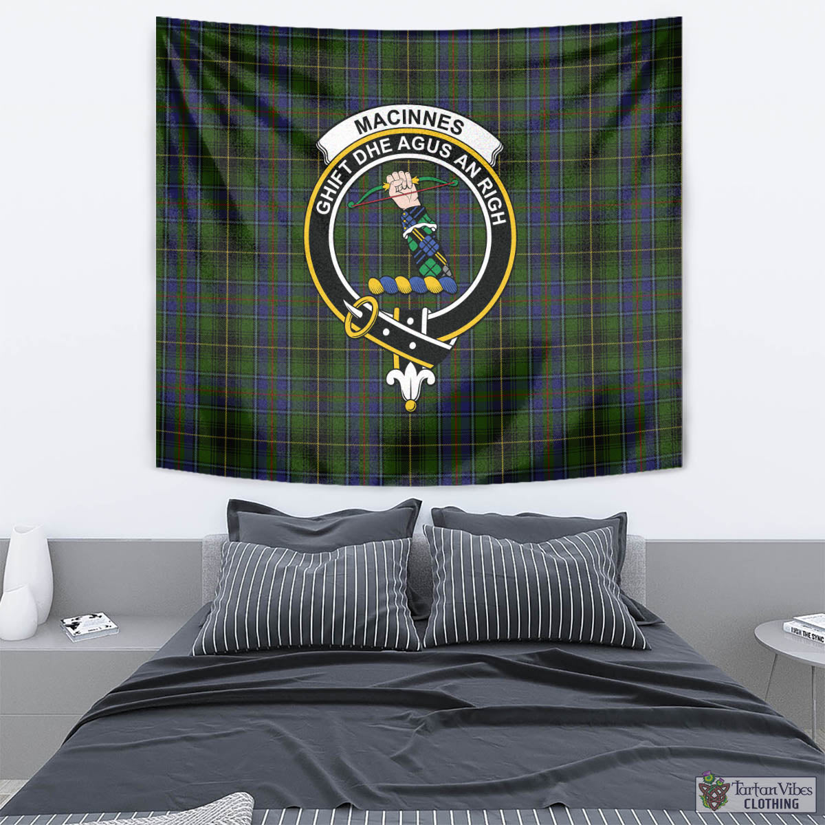 Tartan Vibes Clothing MacInnes Tartan Tapestry Wall Hanging and Home Decor for Room with Family Crest