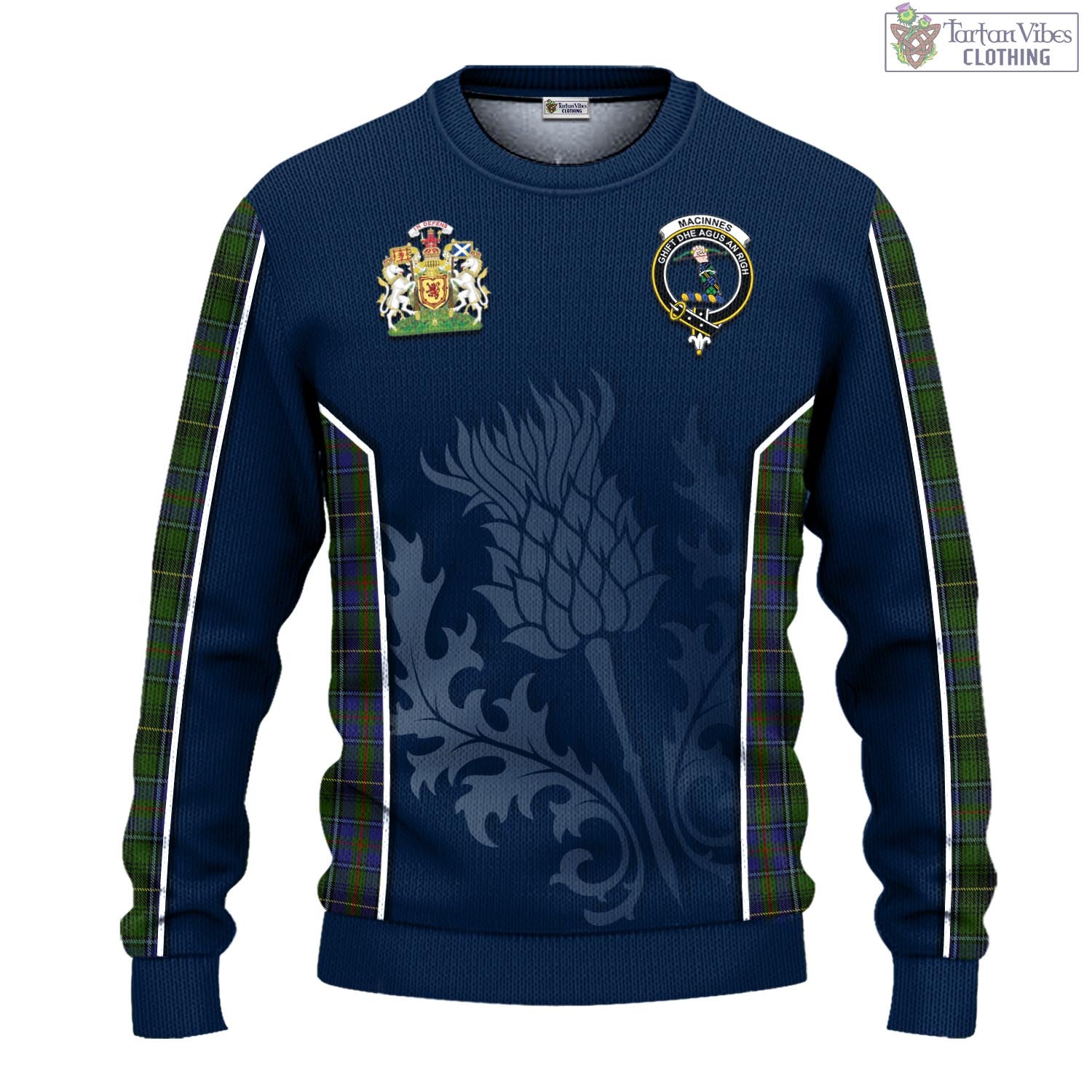Tartan Vibes Clothing MacInnes Tartan Knitted Sweatshirt with Family Crest and Scottish Thistle Vibes Sport Style