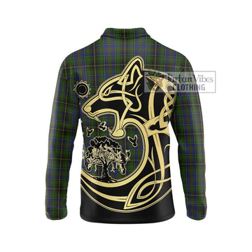 MacInnes Tartan Long Sleeve Polo Shirt with Family Crest Celtic Wolf Style