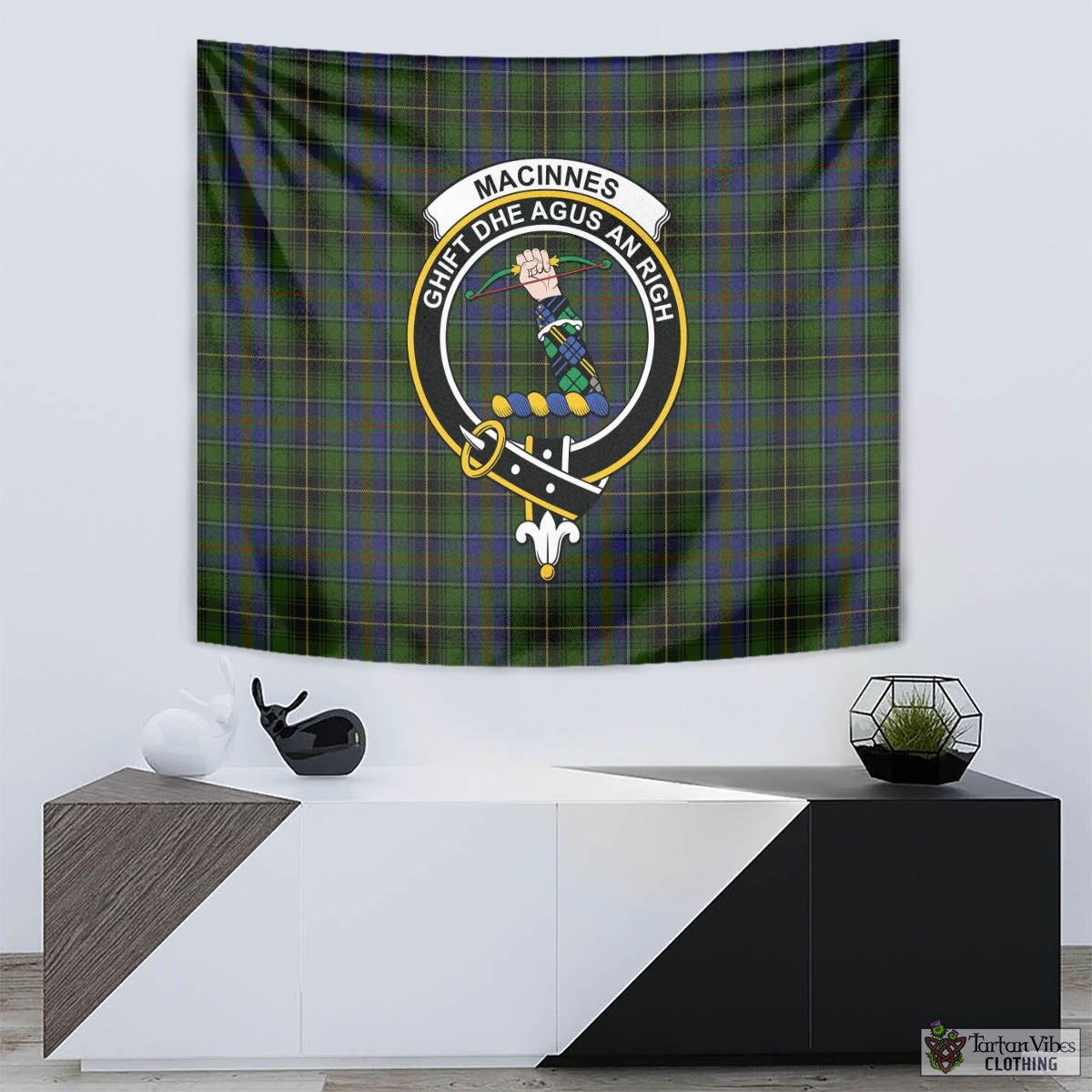 Tartan Vibes Clothing MacInnes Tartan Tapestry Wall Hanging and Home Decor for Room with Family Crest