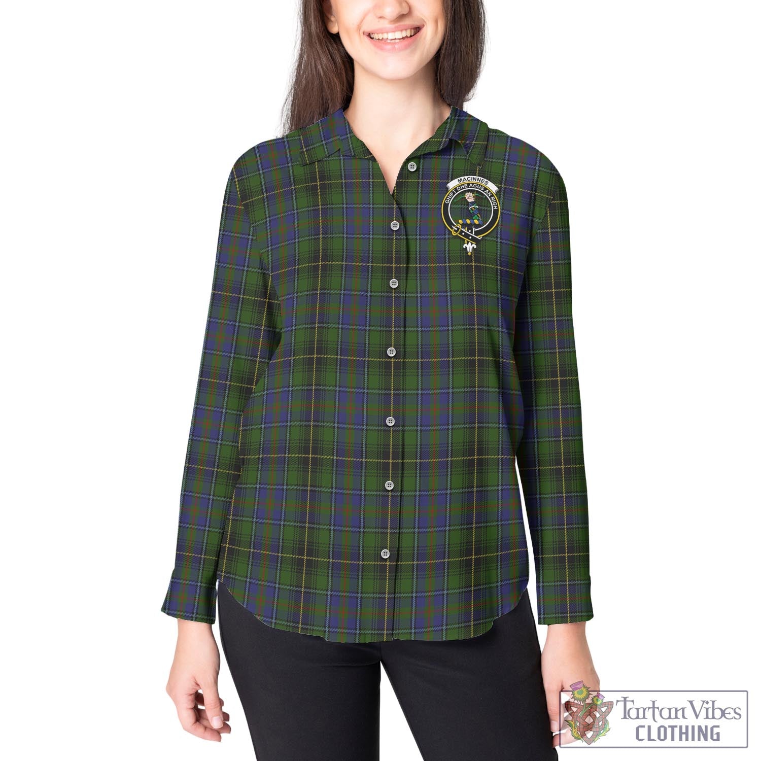 Tartan Vibes Clothing MacInnes Tartan Womens Casual Shirt with Family Crest