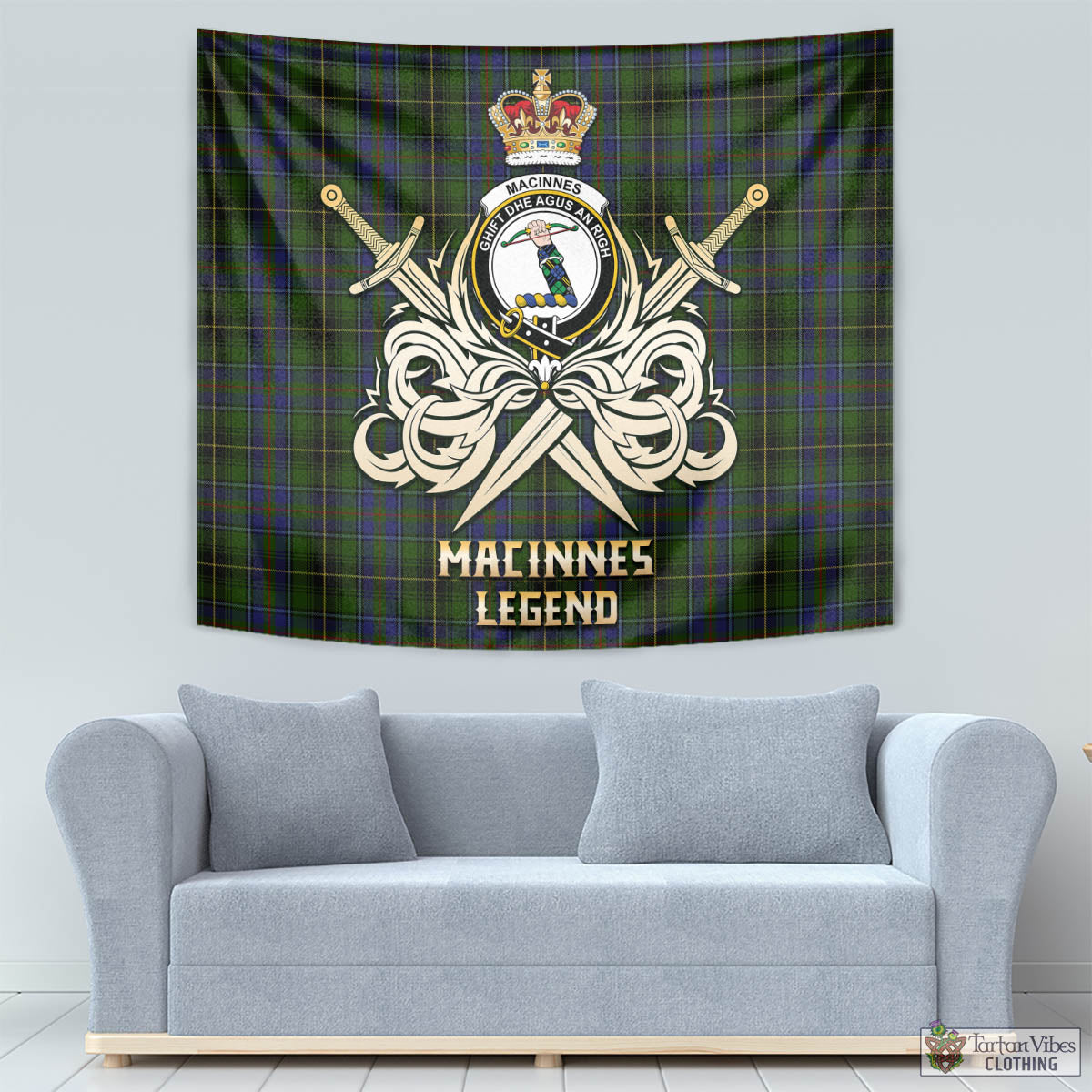 Tartan Vibes Clothing MacInnes Tartan Tapestry with Clan Crest and the Golden Sword of Courageous Legacy