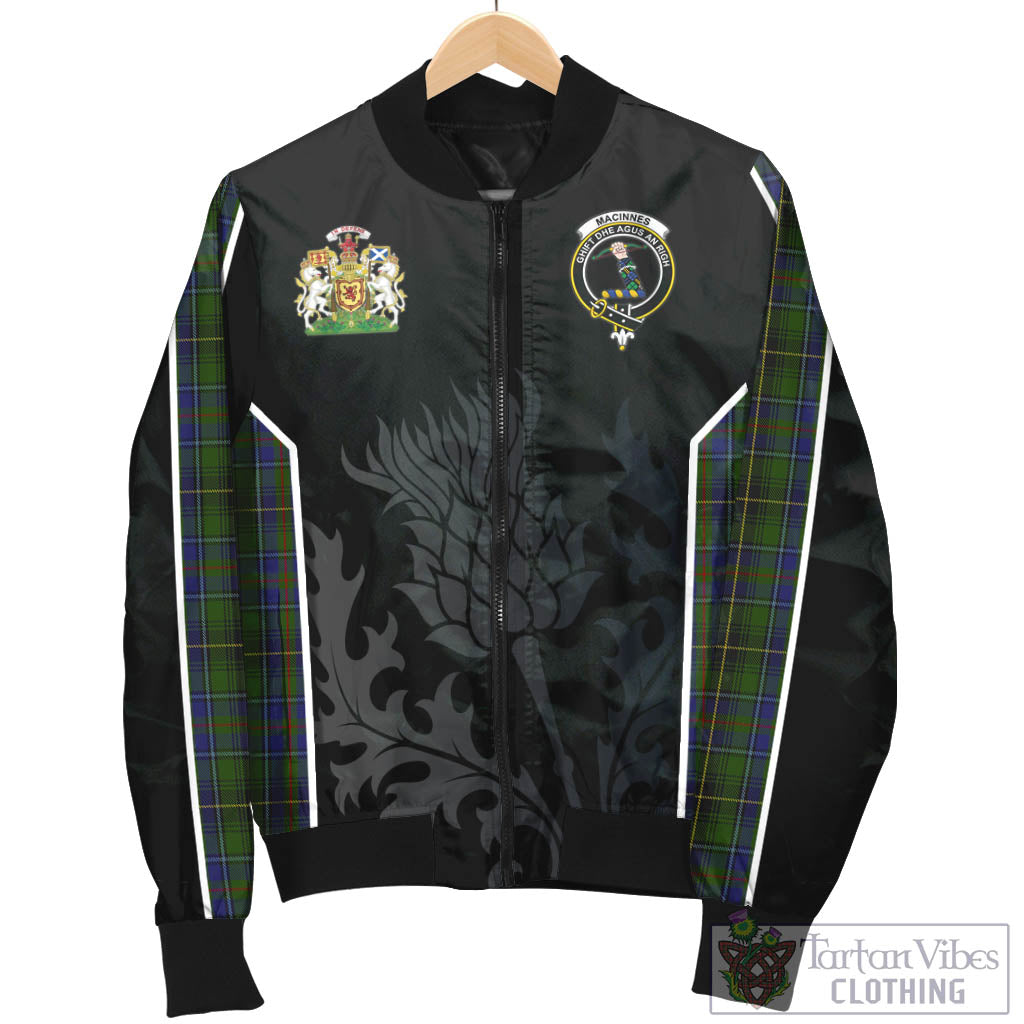 Tartan Vibes Clothing MacInnes Tartan Bomber Jacket with Family Crest and Scottish Thistle Vibes Sport Style