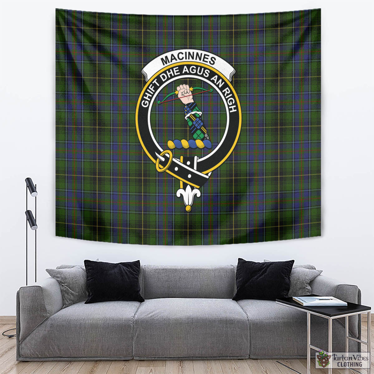 Tartan Vibes Clothing MacInnes Tartan Tapestry Wall Hanging and Home Decor for Room with Family Crest