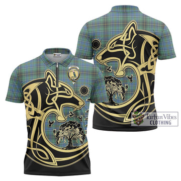 MacInnes Ancient Tartan Zipper Polo Shirt with Family Crest Celtic Wolf Style