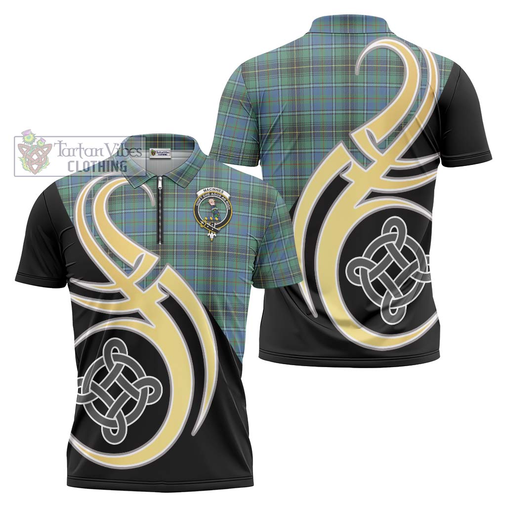 Tartan Vibes Clothing MacInnes Ancient Tartan Zipper Polo Shirt with Family Crest and Celtic Symbol Style