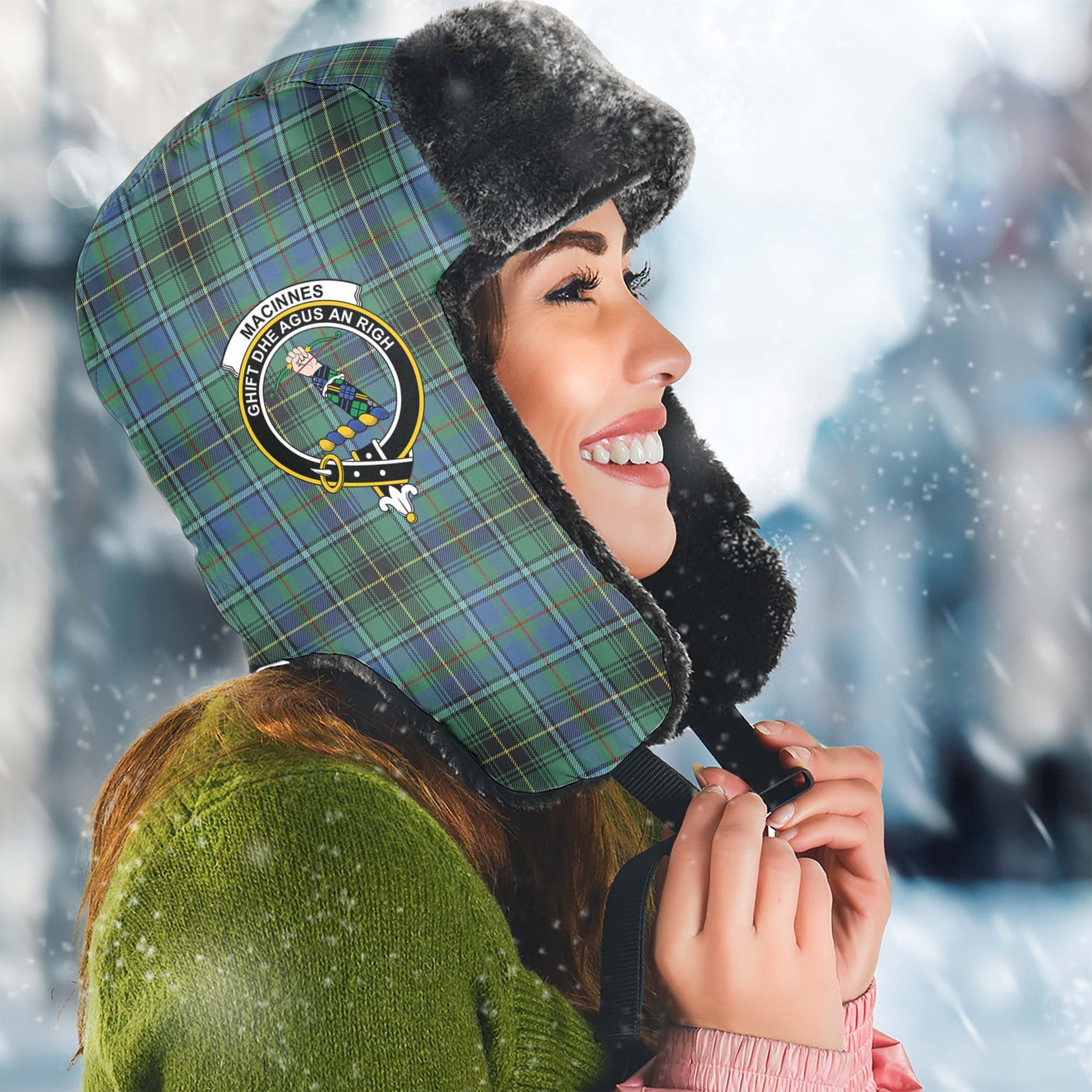 MacInnes Ancient Tartan Winter Trapper Hat with Family Crest Winter Trapper Hat Universal Fit Circumference 22.8in (58cm) - Tartanvibesclothing