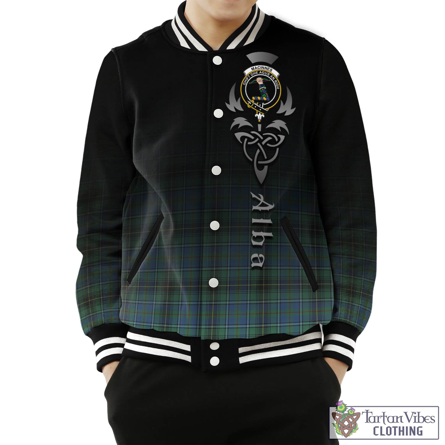 Tartan Vibes Clothing MacInnes Ancient Tartan Baseball Jacket Featuring Alba Gu Brath Family Crest Celtic Inspired