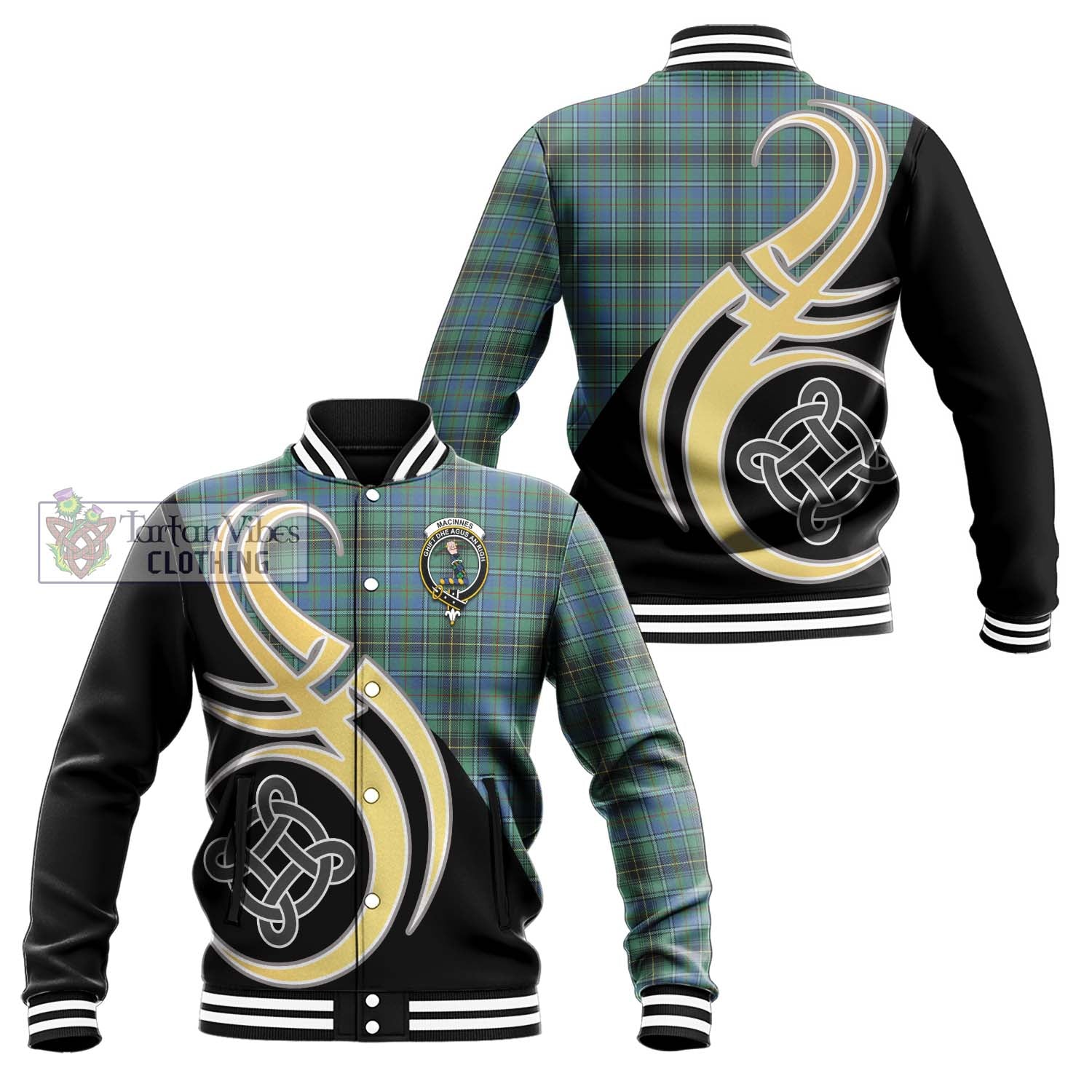 MacInnes Ancient Tartan Baseball Jacket with Family Crest and Celtic Symbol Style Unisex - Tartan Vibes Clothing