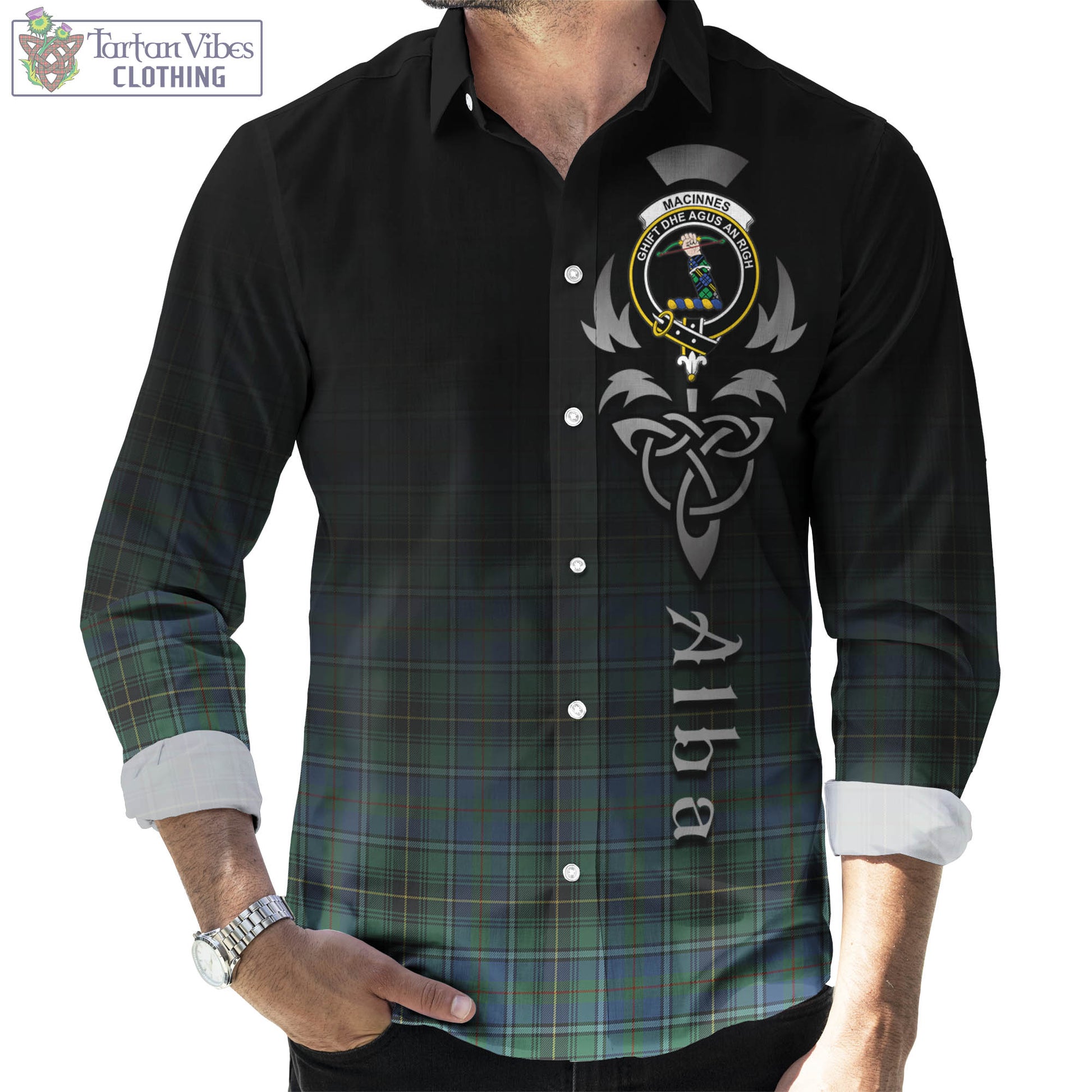 Tartan Vibes Clothing MacInnes Ancient Tartan Long Sleeve Button Up Featuring Alba Gu Brath Family Crest Celtic Inspired