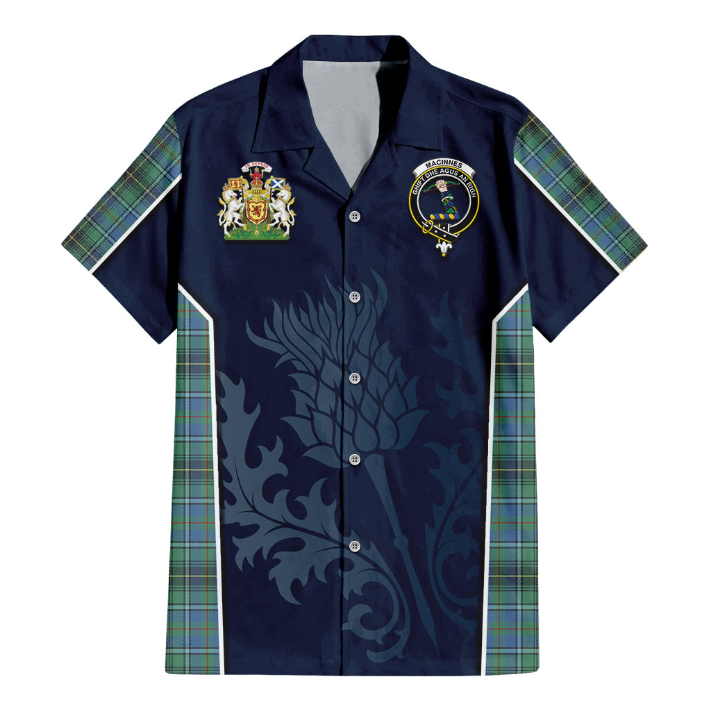 Tartan Vibes Clothing MacInnes Ancient Tartan Short Sleeve Button Up Shirt with Family Crest and Scottish Thistle Vibes Sport Style