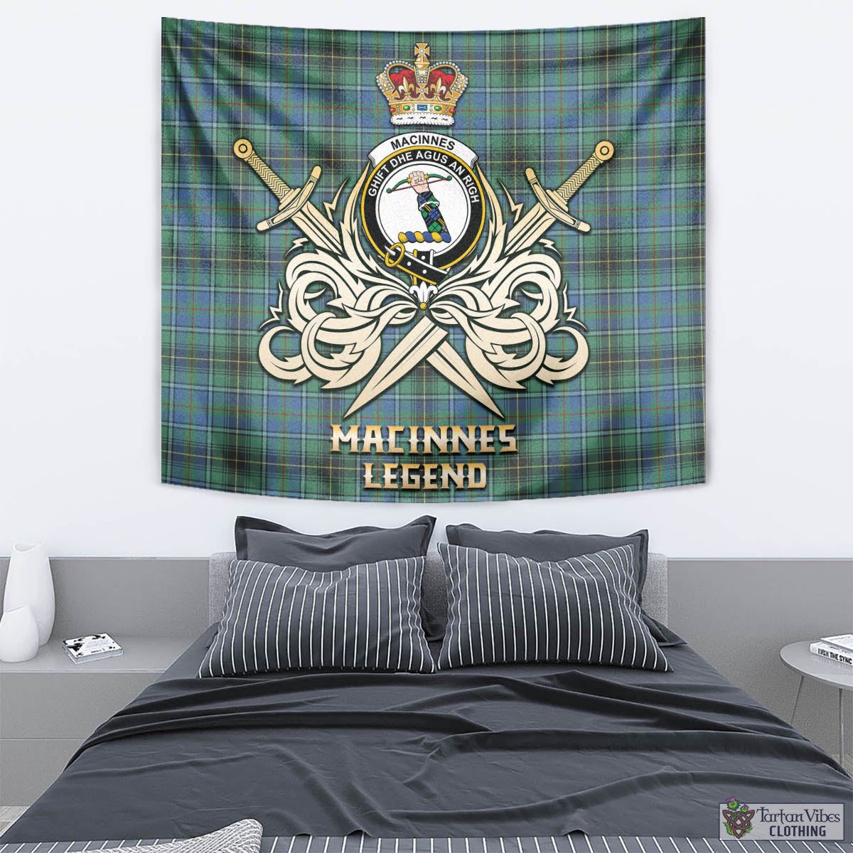 Tartan Vibes Clothing MacInnes Ancient Tartan Tapestry with Clan Crest and the Golden Sword of Courageous Legacy