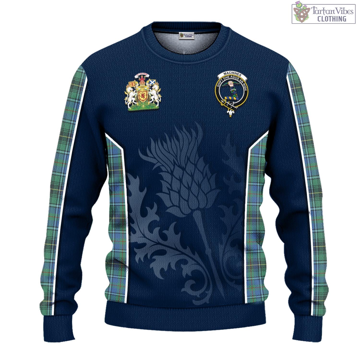 Tartan Vibes Clothing MacInnes Ancient Tartan Knitted Sweatshirt with Family Crest and Scottish Thistle Vibes Sport Style