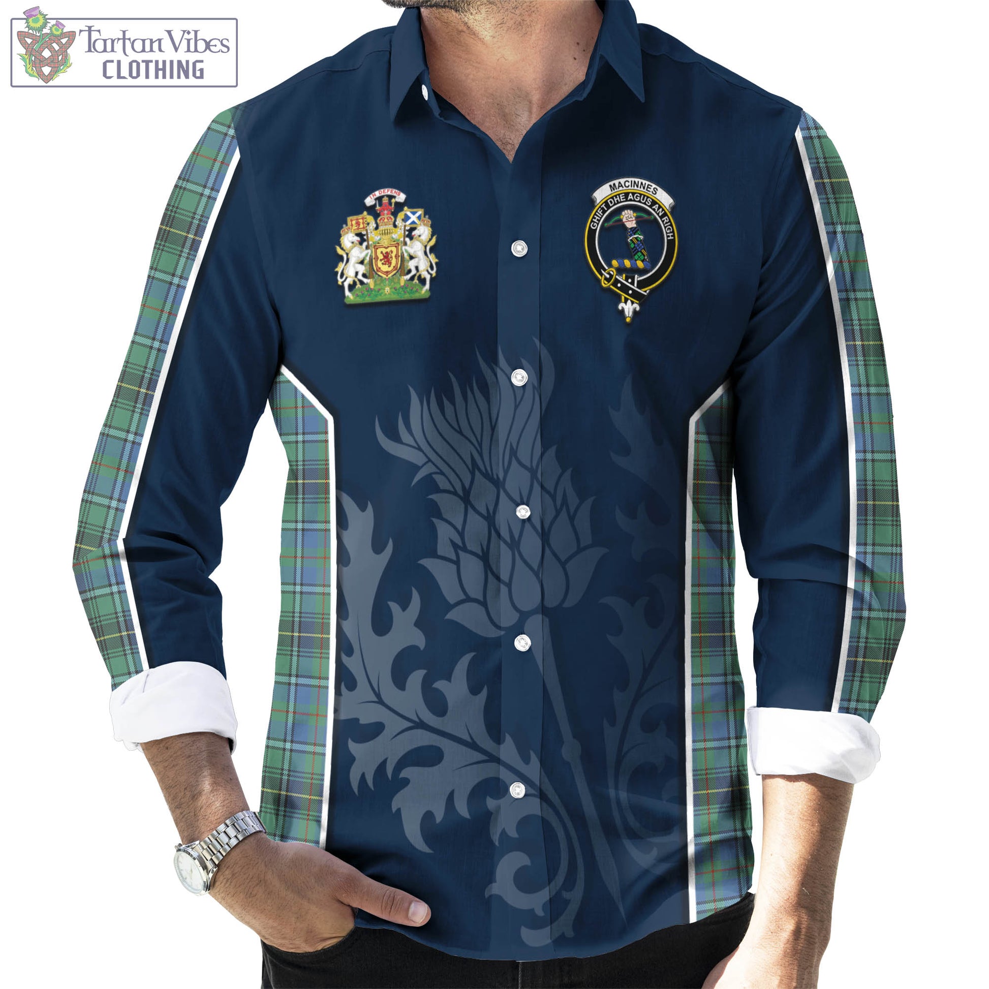 Tartan Vibes Clothing MacInnes Ancient Tartan Long Sleeve Button Up Shirt with Family Crest and Scottish Thistle Vibes Sport Style