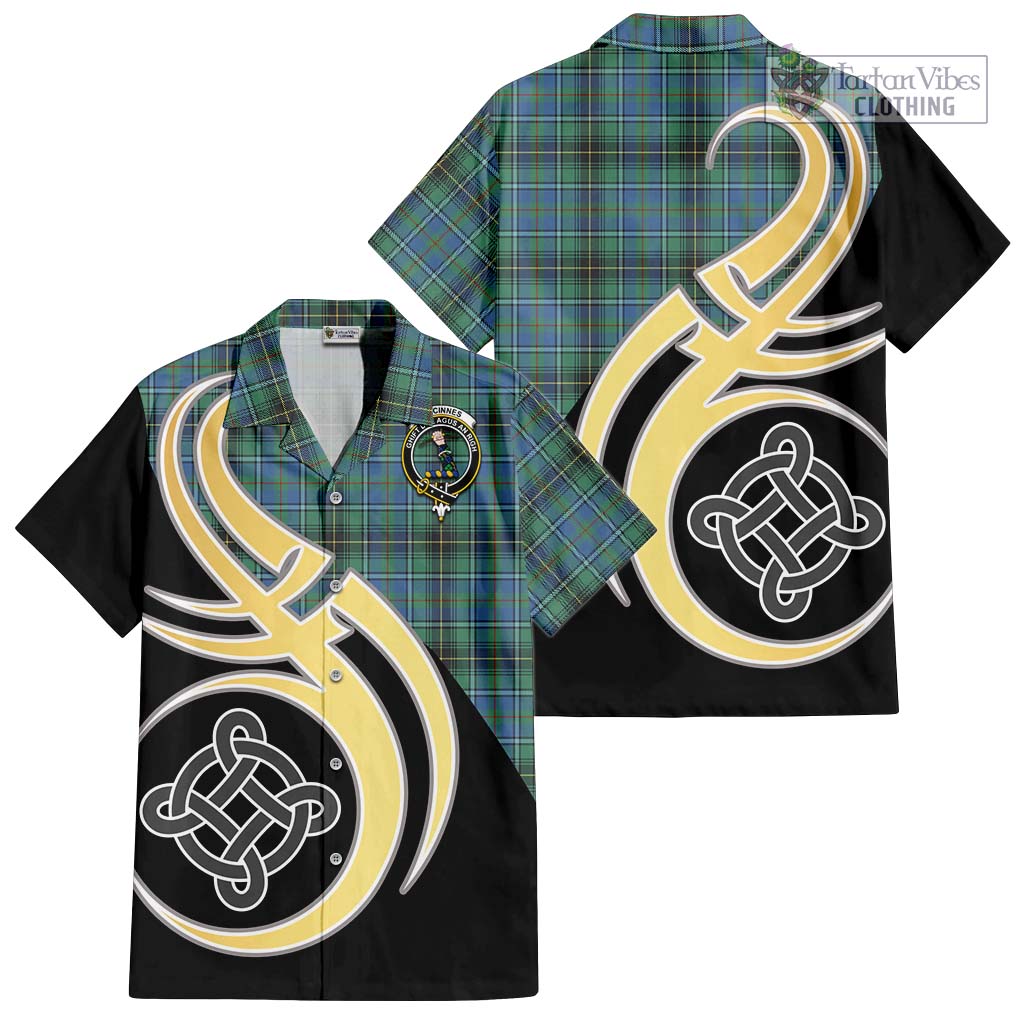 MacInnes Ancient Tartan Short Sleeve Button Shirt with Family Crest and Celtic Symbol Style - Tartan Vibes Clothing