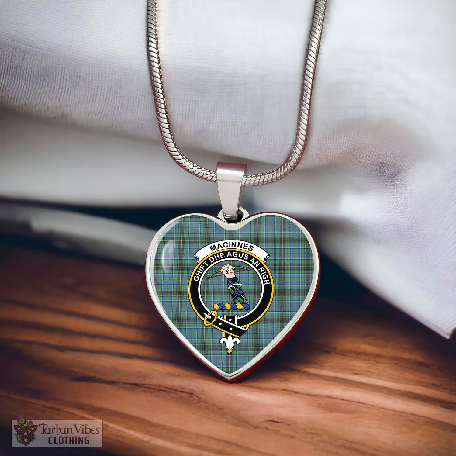 Tartan Vibes Clothing MacInnes Ancient Tartan Heart Necklace with Family Crest